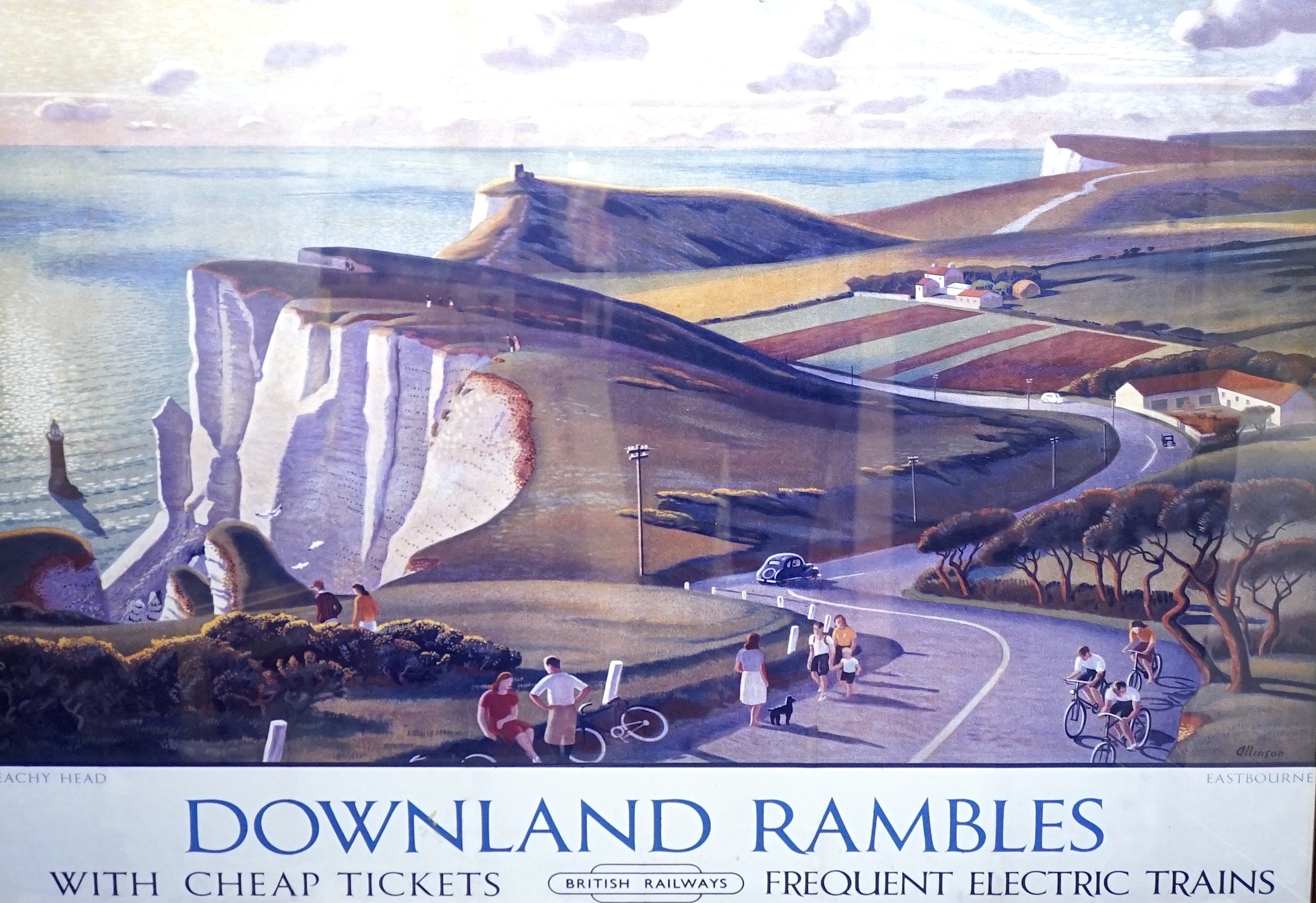 After Adrian Allinson, colour print, British Railways poster for Downland Rambles, Beachy Head / Eastbourne, 69 x 99cm